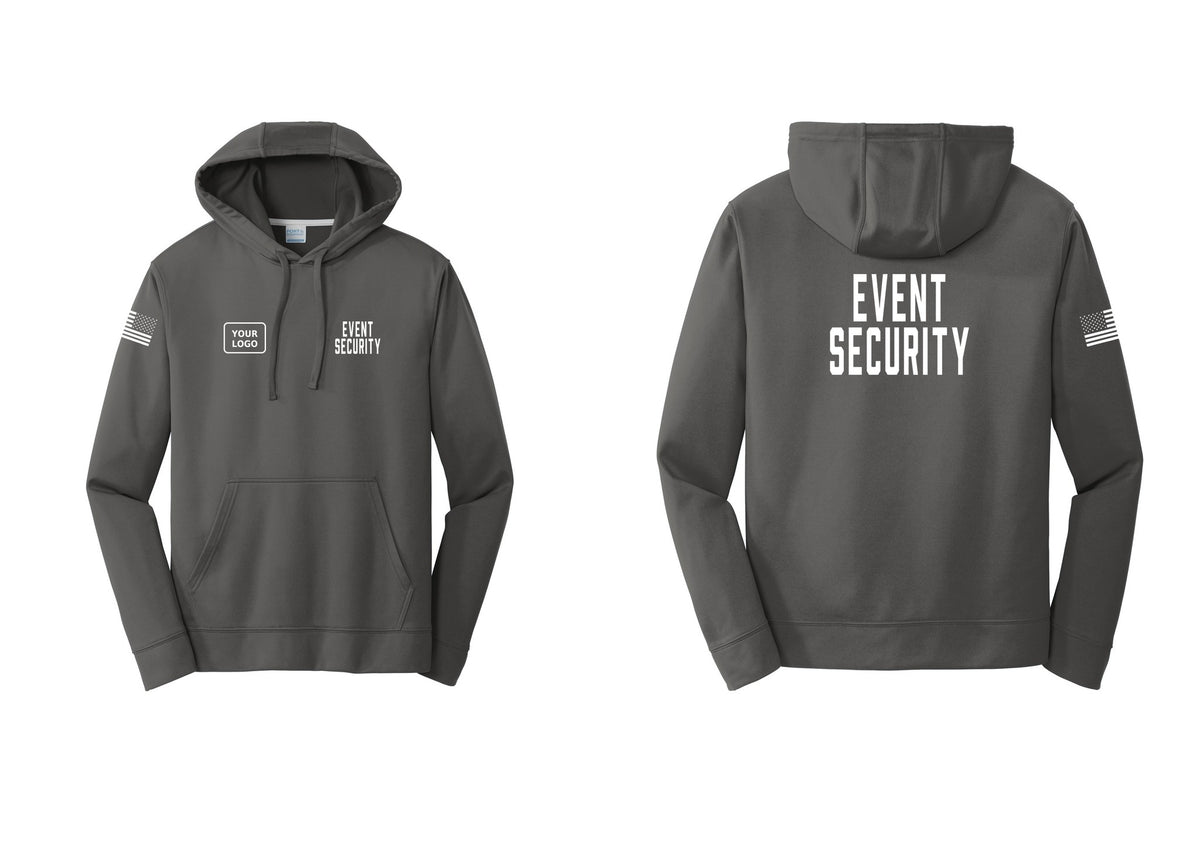 NYC Factory Custom Logo Event Security Performance Hooded Fleece Pullover Sweatshirt (Classic) - EVENT SECURITY + Your Logo + Back + US Flag Sleeve - Charcoal