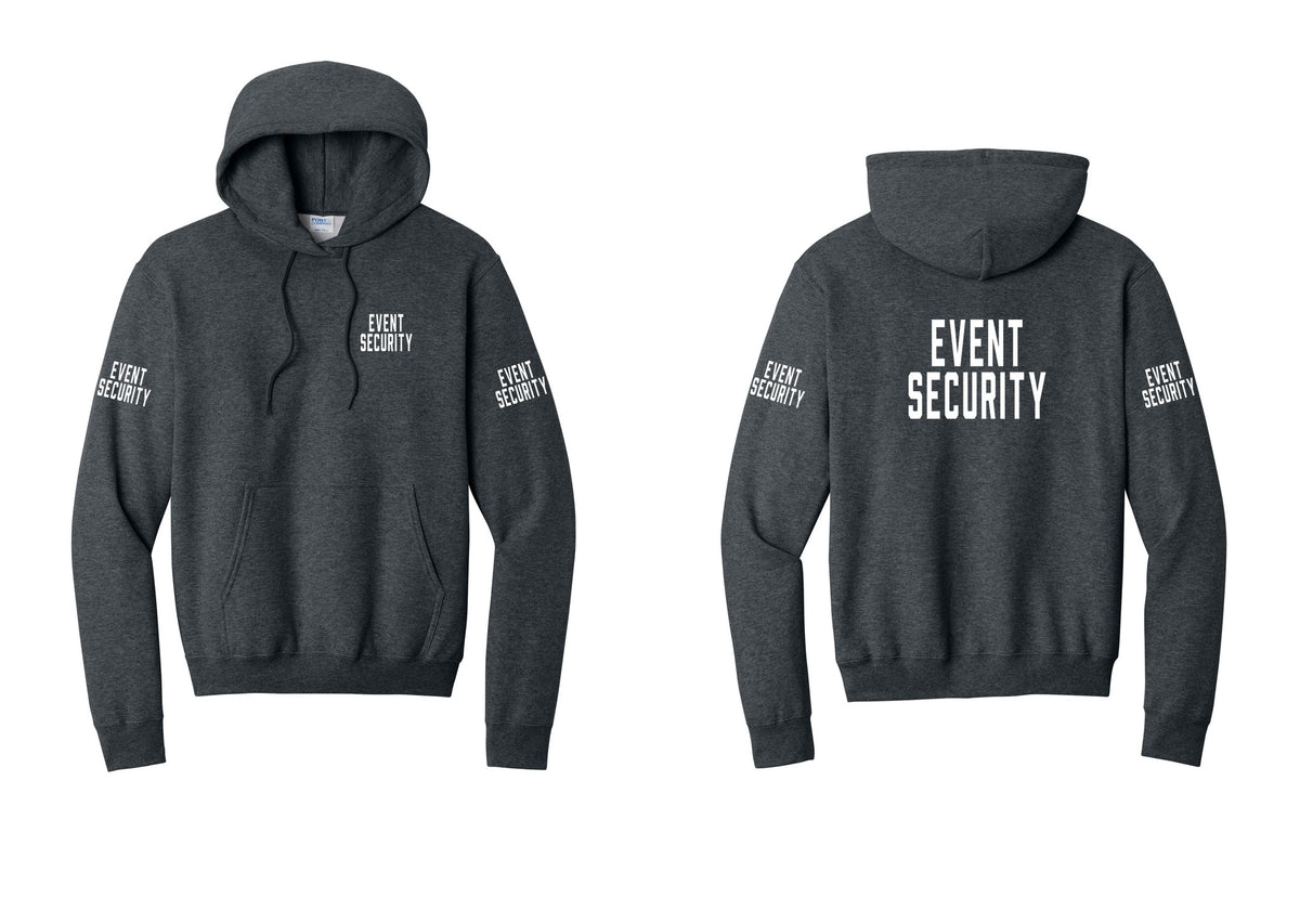 NYC Factory Event Security Cotton Fleece Pullover Hoodie (Classic) - Chest + Back + Event Security Sleeves - Dark Heather Grey