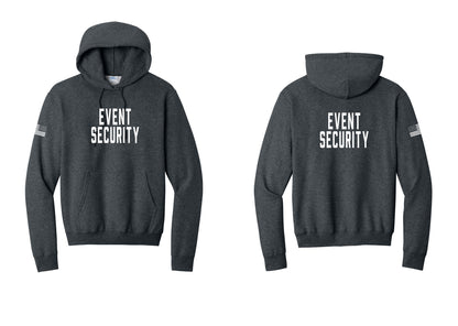 NYC Factory Event Security Cotton Fleece Pullover Hoodie (Classic) - Front + Back + US Flag Sleeve - Dark Heather Grey