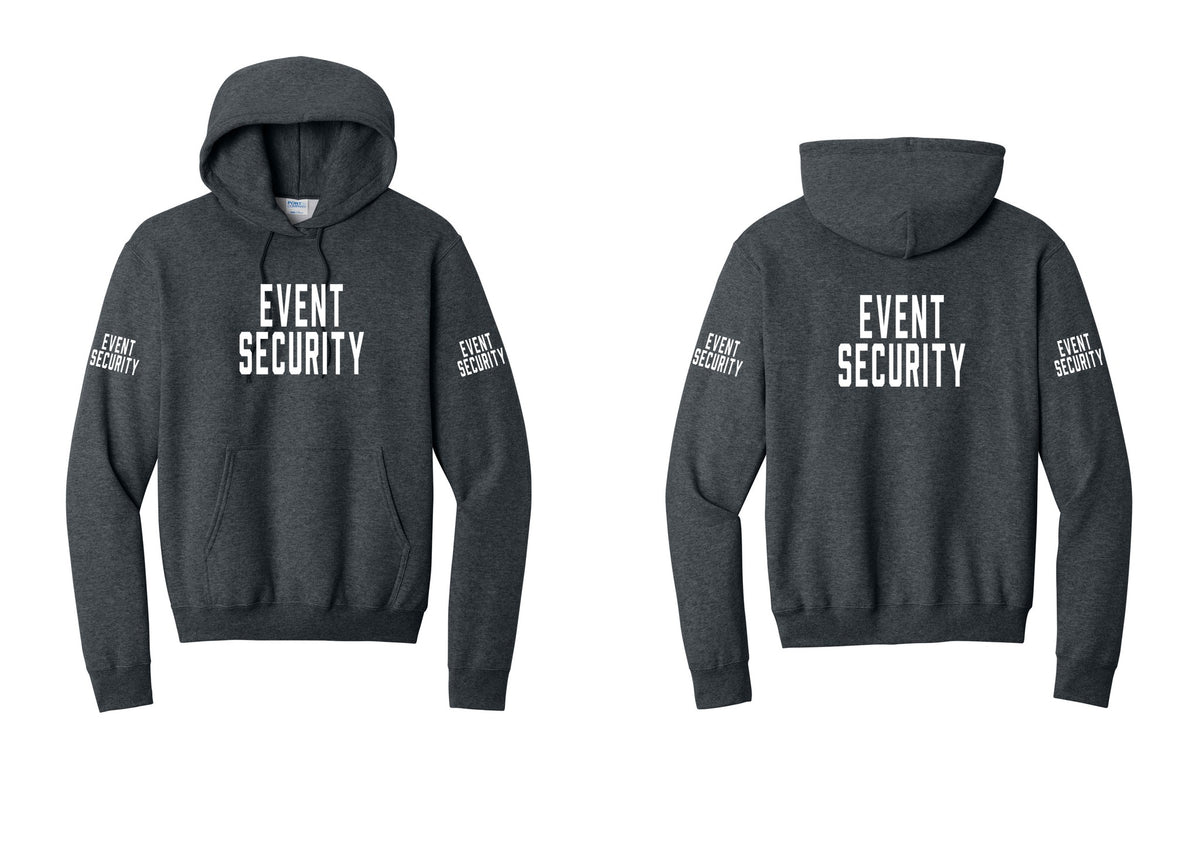 NYC Factory Event Security Cotton Fleece Pullover Hoodie (Classic) - Front + Back + Event Security Sleeves - Dark Heather Grey
