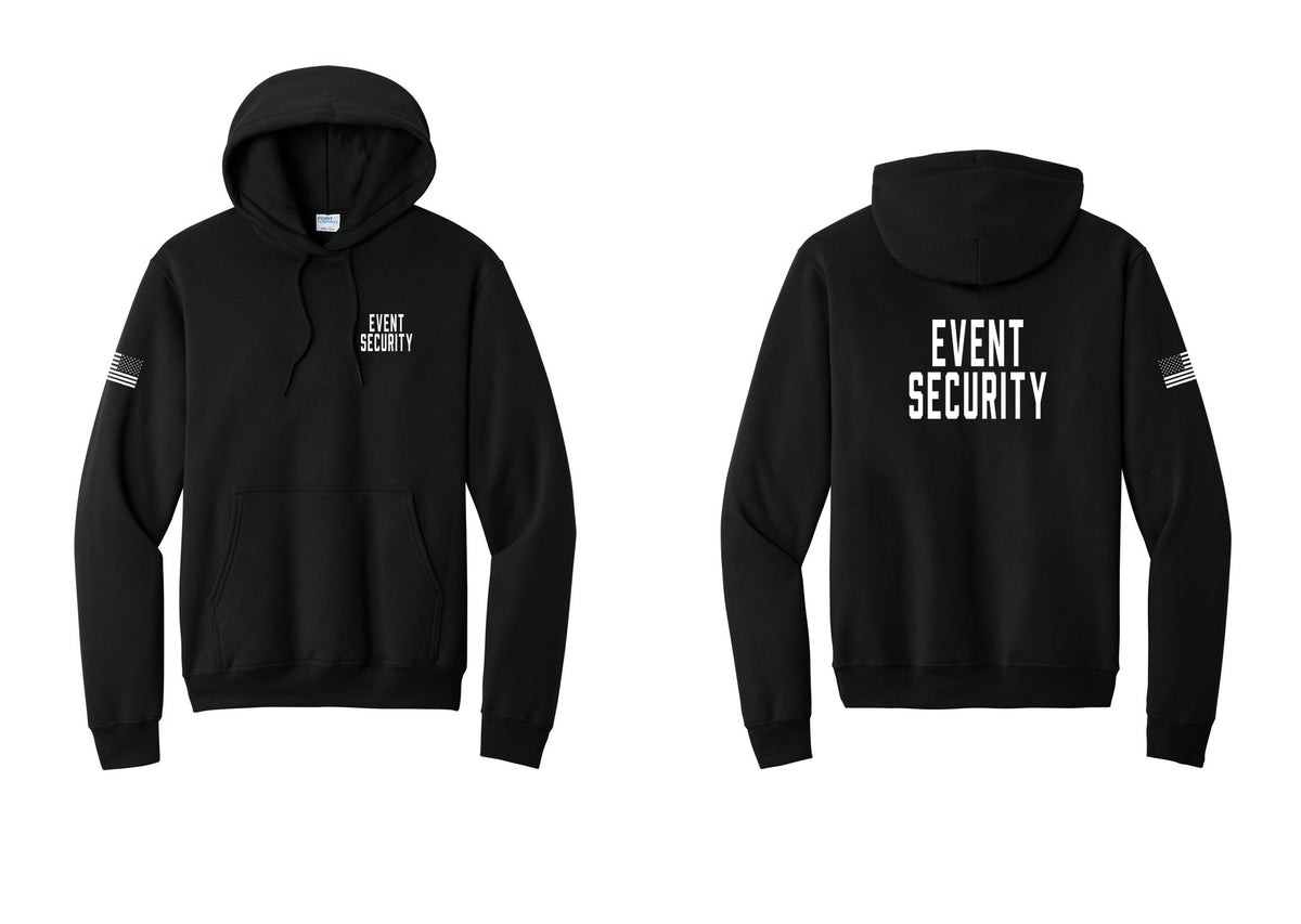 NYC Factory Event Security Cotton Fleece Pullover Hoodie (Classic) - Chest + Back + US Flag Sleeve - Black