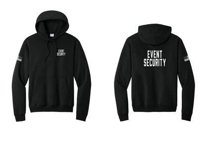 NYC Factory Event Security Cotton Fleece Pullover Hoodie (Classic) - Chest + Back + US Flag Sleeve - Black