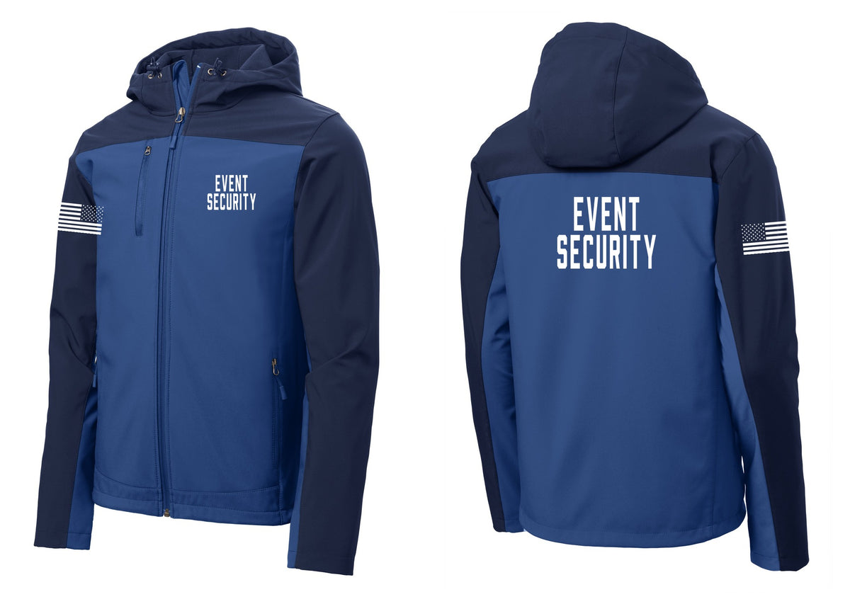 NYC Factory Event Security Hooded Soft Shell Jacket (Classic) - Chest + Back + US Flag Sleeve - Night Sky Blue / Dress Blue Navy
