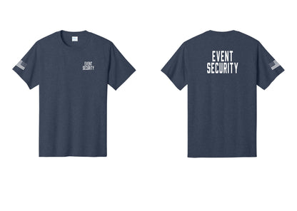 NYC Factory Event Security T-Shirt for Venues & Crowd Management (Classic) - Chest + Back + US Flag Sleeve - Heather Navy