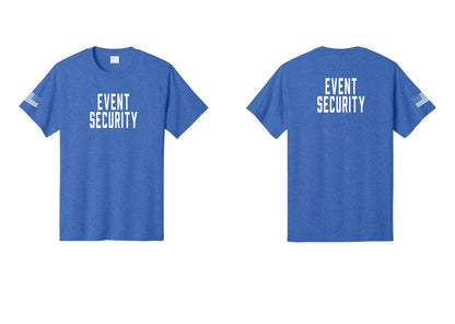 NYC Factory Event Security T-Shirt for Venues & Crowd Management (Classic) - Front + Back + US Flag Sleeve - Heather Royal