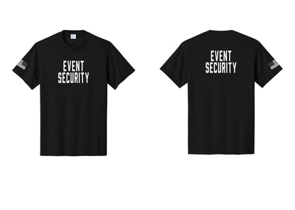NYC Factory Event Security T-Shirt for Venues & Crowd Management (Classic) - Front + Back + US Flag Sleeve - Black