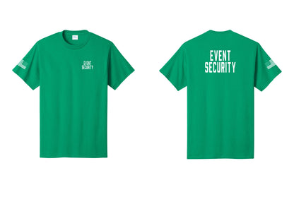 NYC Factory Event Security T-Shirt for Venues & Crowd Management (Classic) - Chest + Back + US Flag Sleeve - Kelly