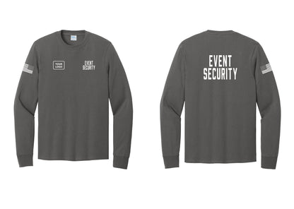 NYC Factory Custom Logo Event Security Cotton Long Sleeve T-Shirt (Classic) - EVENT SECURITY + Your Logo + Back + US Flag Sleeve - Charcoal