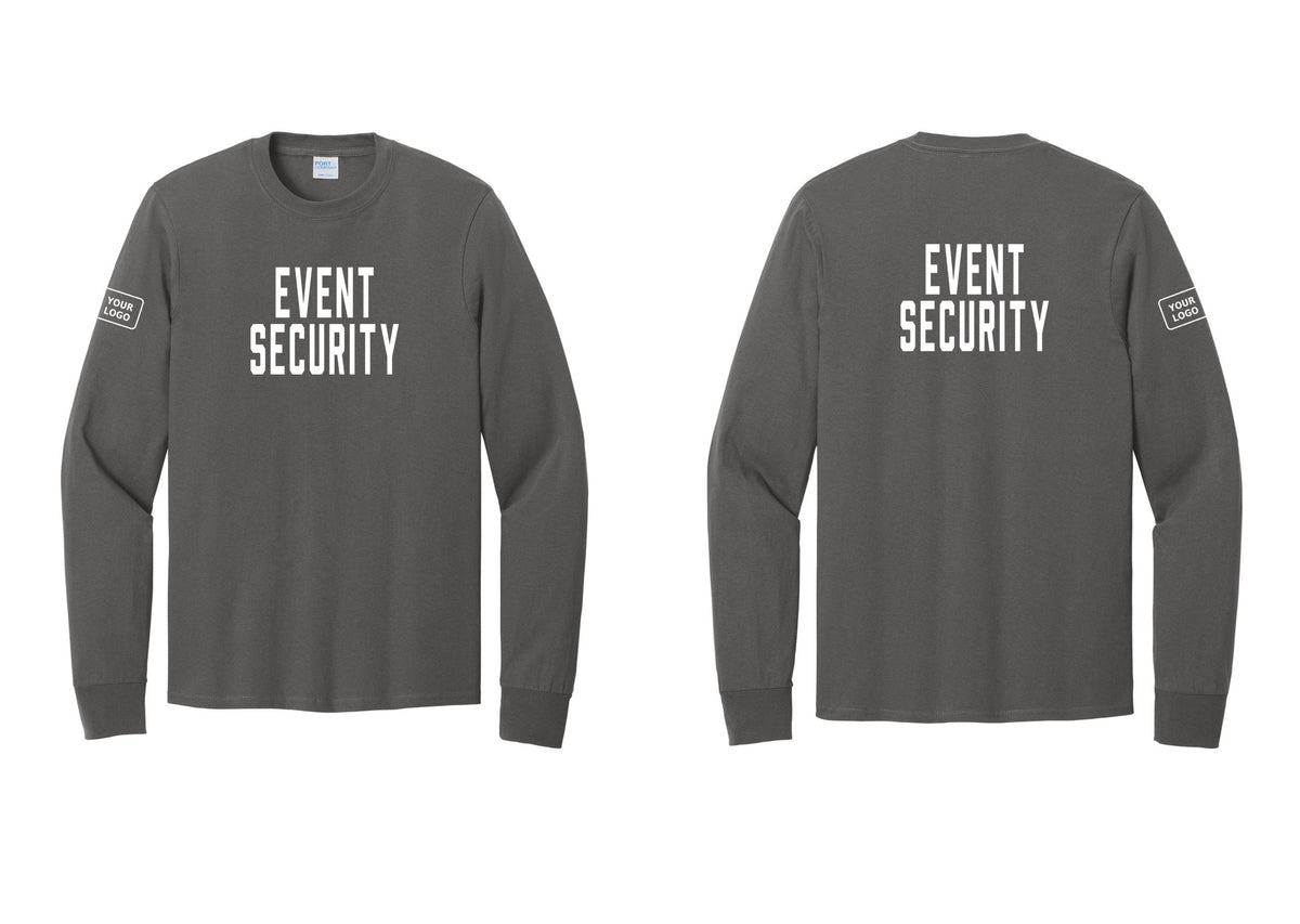 NYC Factory Custom Logo Event Security Cotton Long Sleeve T-Shirt (Classic) - Front + Back + Your Logo Sleeve - Charcoal