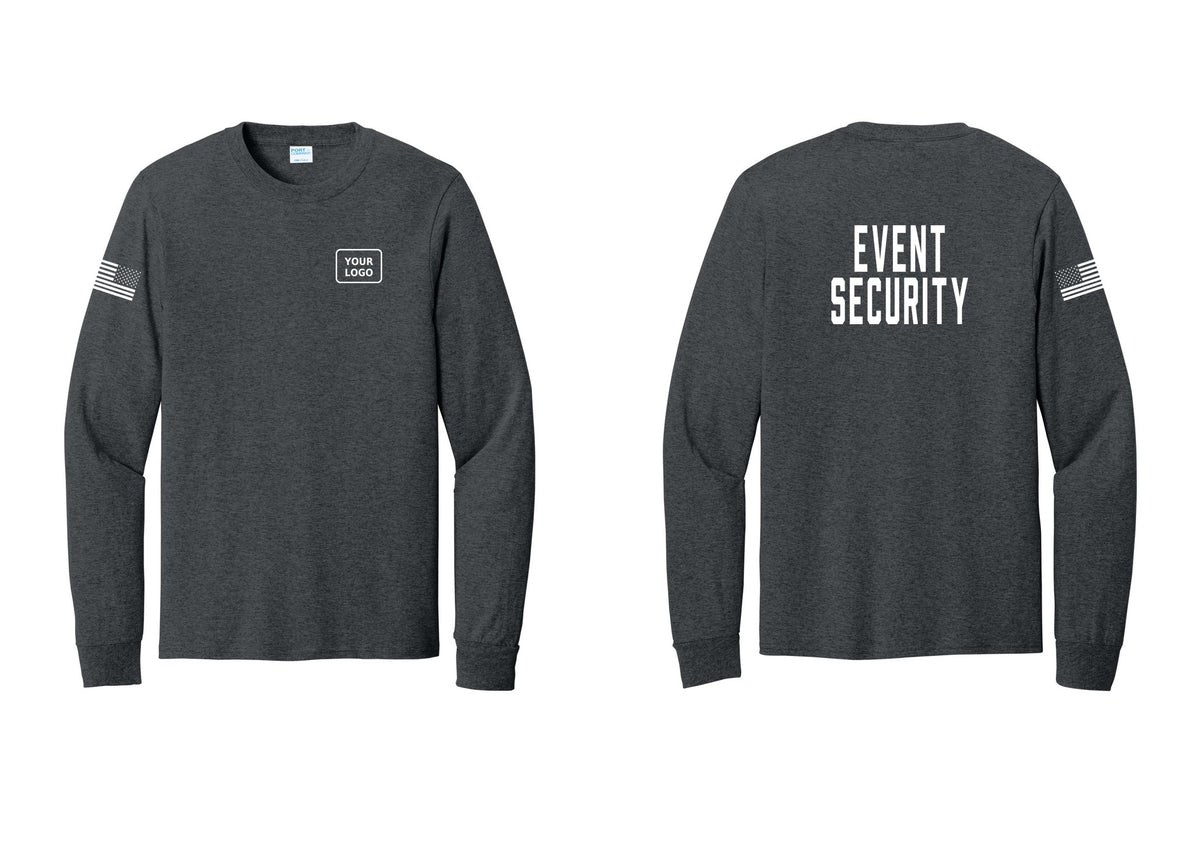 NYC Factory Custom Logo Event Security Cotton Long Sleeve T-Shirt (Classic) - Your Logo + Back + US Flag Sleeve - Dark Heather Grey