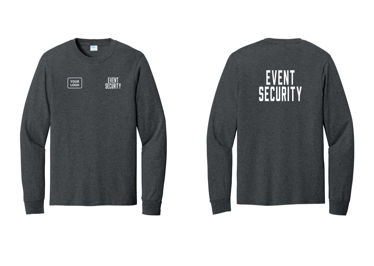 NYC Factory Custom Logo Event Security Cotton Long Sleeve T-Shirt (Classic) - EVENT SECURITY + Your Logo + Back - Dark Heather Grey