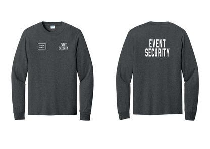 NYC Factory Custom Logo Event Security Cotton Long Sleeve T-Shirt (Classic) - EVENT SECURITY + Your Logo + Back - Dark Heather Grey