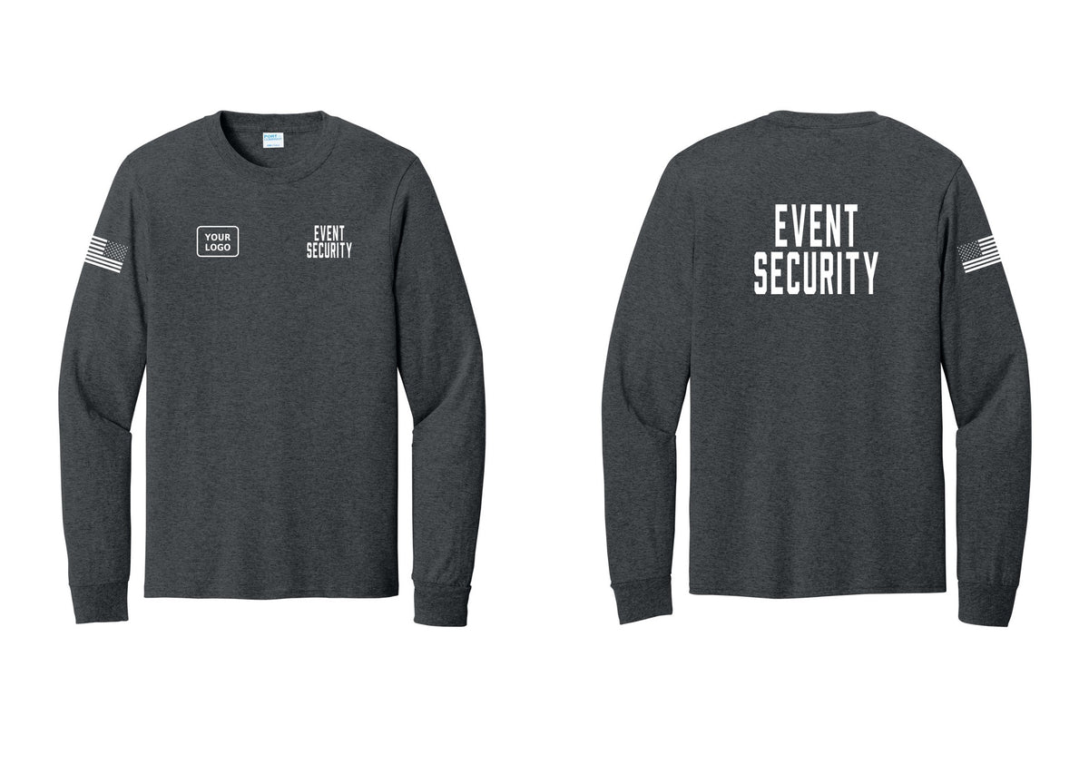 NYC Factory Custom Logo Event Security Cotton Long Sleeve T-Shirt (Classic) - EVENT SECURITY + Your Logo + Back + US Flag Sleeve - Dark Heather Grey
