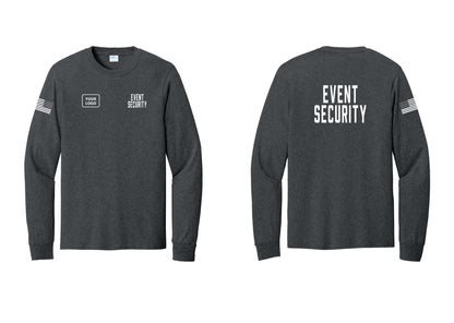NYC Factory Custom Logo Event Security Cotton Long Sleeve T-Shirt (Classic) - EVENT SECURITY + Your Logo + Back + US Flag Sleeve - Dark Heather Grey