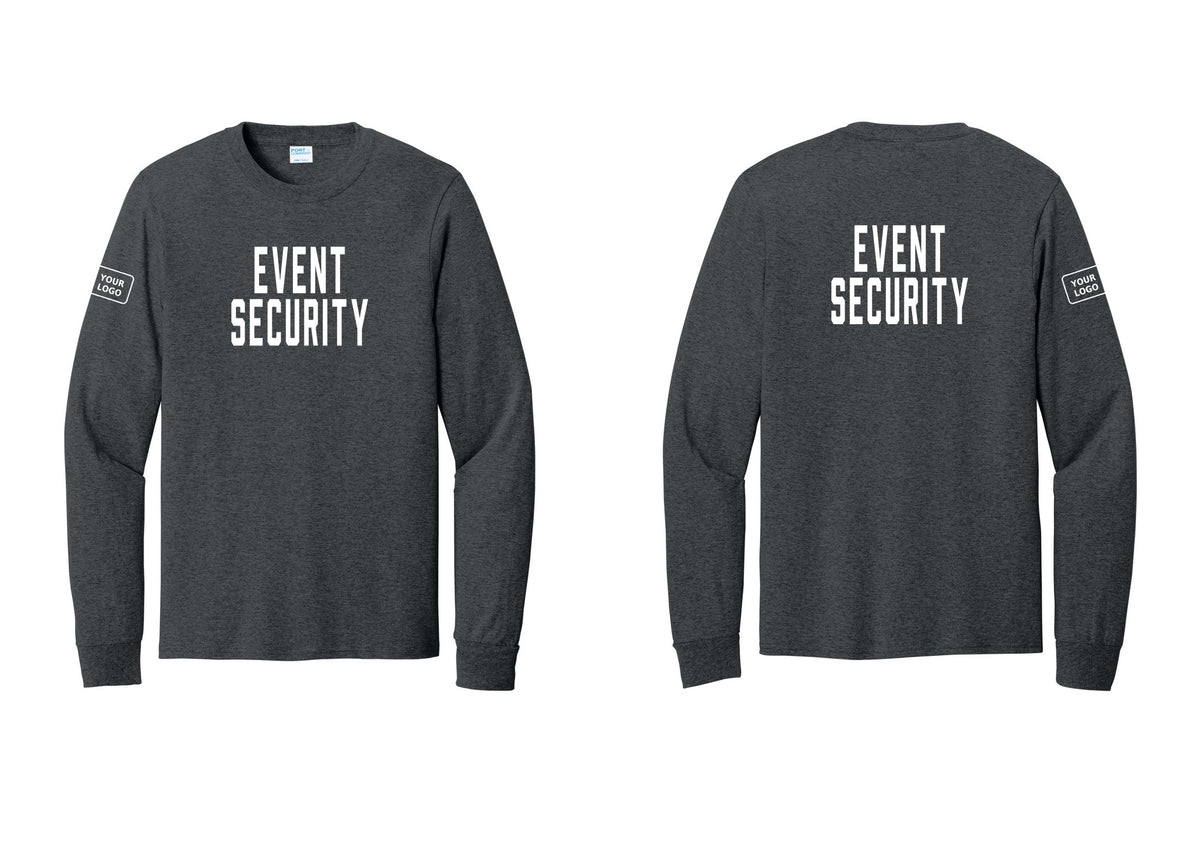 NYC Factory Custom Logo Event Security Cotton Long Sleeve T-Shirt (Classic) - Front + Back + Your Logo Sleeve - Dark Heather Grey