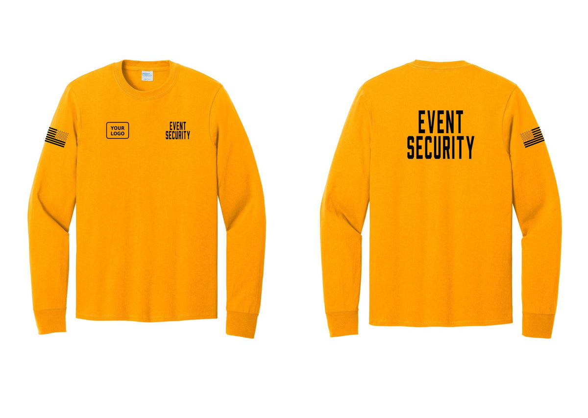 NYC Factory Custom Logo Event Security Cotton Long Sleeve T-Shirt (Classic) - EVENT SECURITY + Your Logo + Back + US Flag Sleeve - Gold