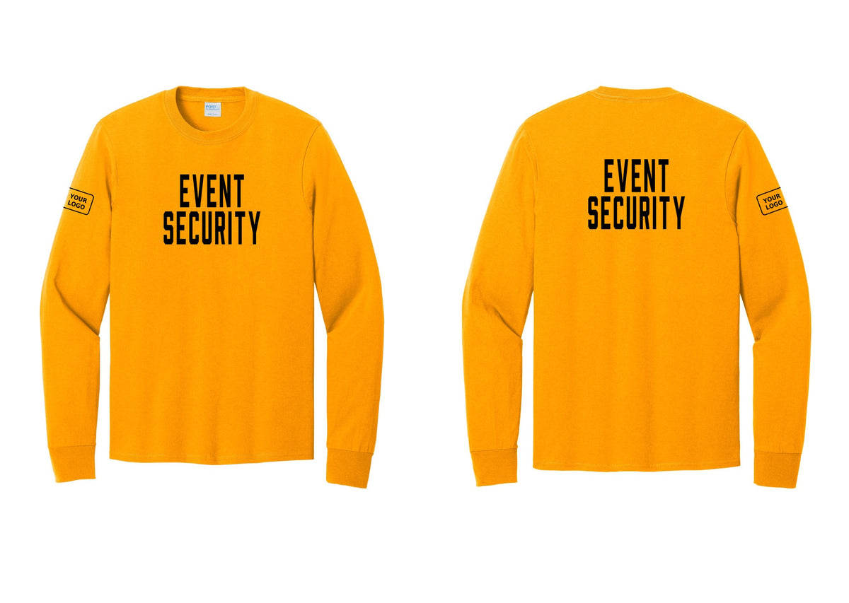 NYC Factory Custom Logo Event Security Cotton Long Sleeve T-Shirt (Classic) - Front + Back + Your Logo Sleeve - Gold