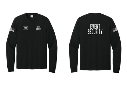NYC Factory Custom Logo Event Security Cotton Long Sleeve T-Shirt (Classic) - EVENT SECURITY + Your Logo + Back + US Flag Sleeve - Black