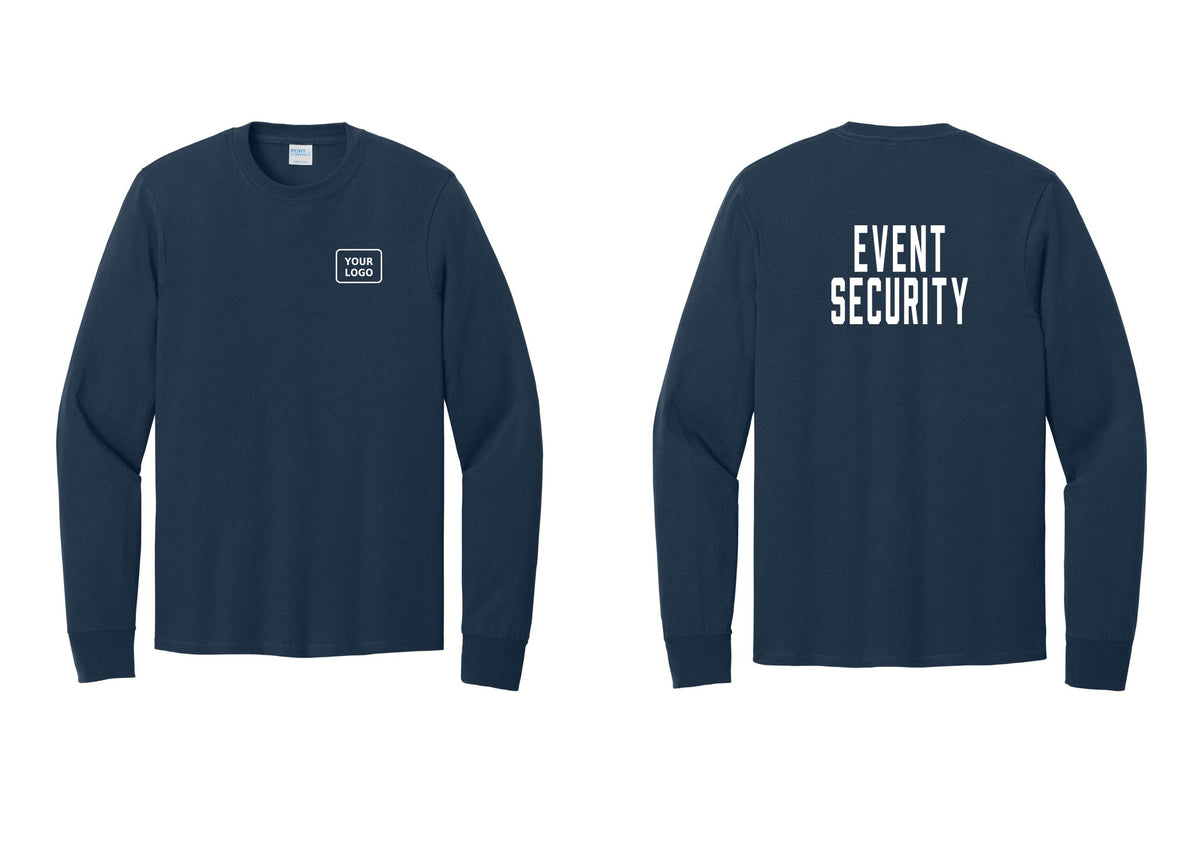 NYC Factory Custom Logo Event Security Cotton Long Sleeve T-Shirt (Classic) - Your Logo + Back - Navy