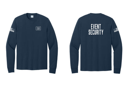 NYC Factory Custom Logo Event Security Cotton Long Sleeve T-Shirt (Classic) - Your Logo + Back + US Flag Sleeve - Navy