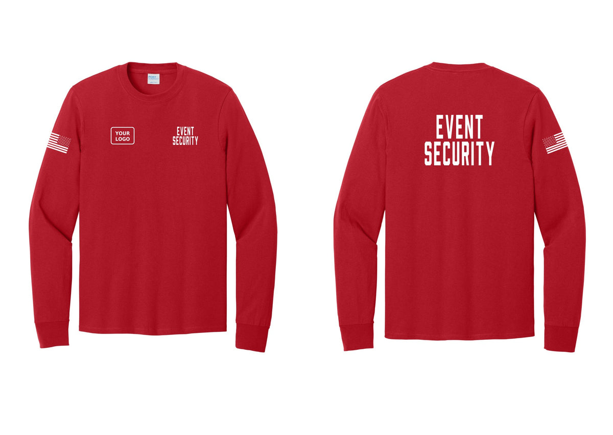 NYC Factory Custom Logo Event Security Cotton Long Sleeve T-Shirt (Classic) - EVENT SECURITY + Your Logo + Back + US Flag Sleeve - Red