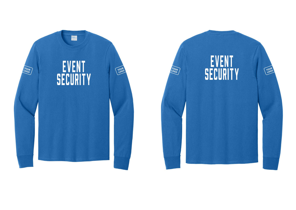 NYC Factory Custom Logo Event Security Cotton Long Sleeve T-Shirt (Classic) - Front + Back + Your Logo Sleeves - Royal
