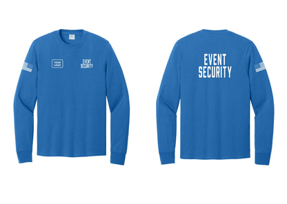 NYC Factory Custom Logo Event Security Cotton Long Sleeve T-Shirt (Classic) - EVENT SECURITY + Your Logo + Back + US Flag Sleeve - Royal