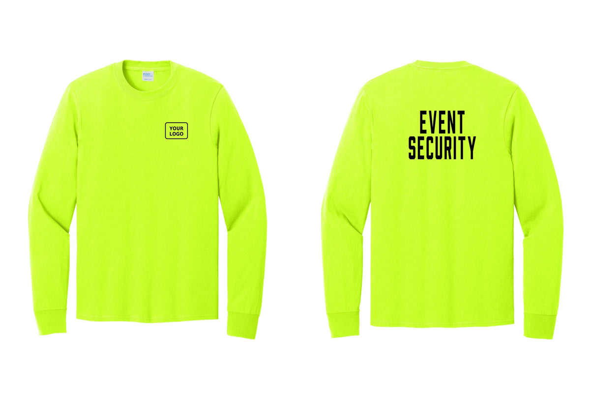 NYC Factory Custom Logo Event Security Cotton Long Sleeve T-Shirt (Classic) - Your Logo + Back - Safety Green
