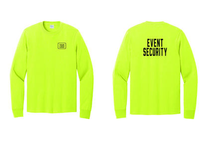 NYC Factory Custom Logo Event Security Cotton Long Sleeve T-Shirt (Classic) - Your Logo + Back - Safety Green