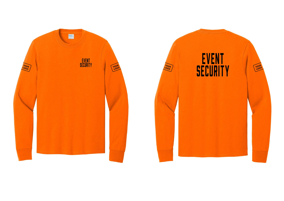 NYC Factory Custom Logo Event Security Cotton Long Sleeve T-Shirt (Classic) - Chest + Back + Your Logo Sleeves - Safety Orange