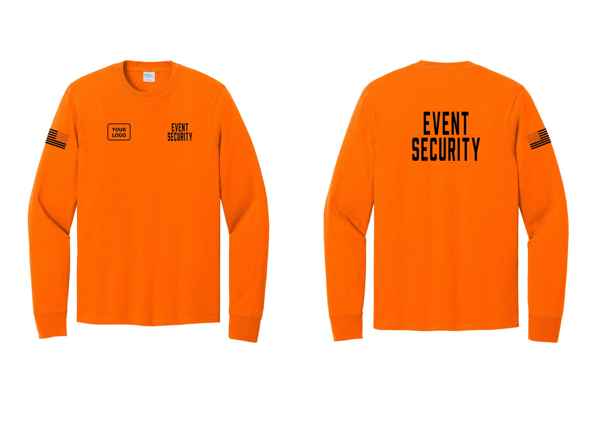 NYC Factory Custom Logo Event Security Cotton Long Sleeve T-Shirt (Classic) - EVENT SECURITY + Your Logo + Back + US Flag Sleeve - Safety Orange