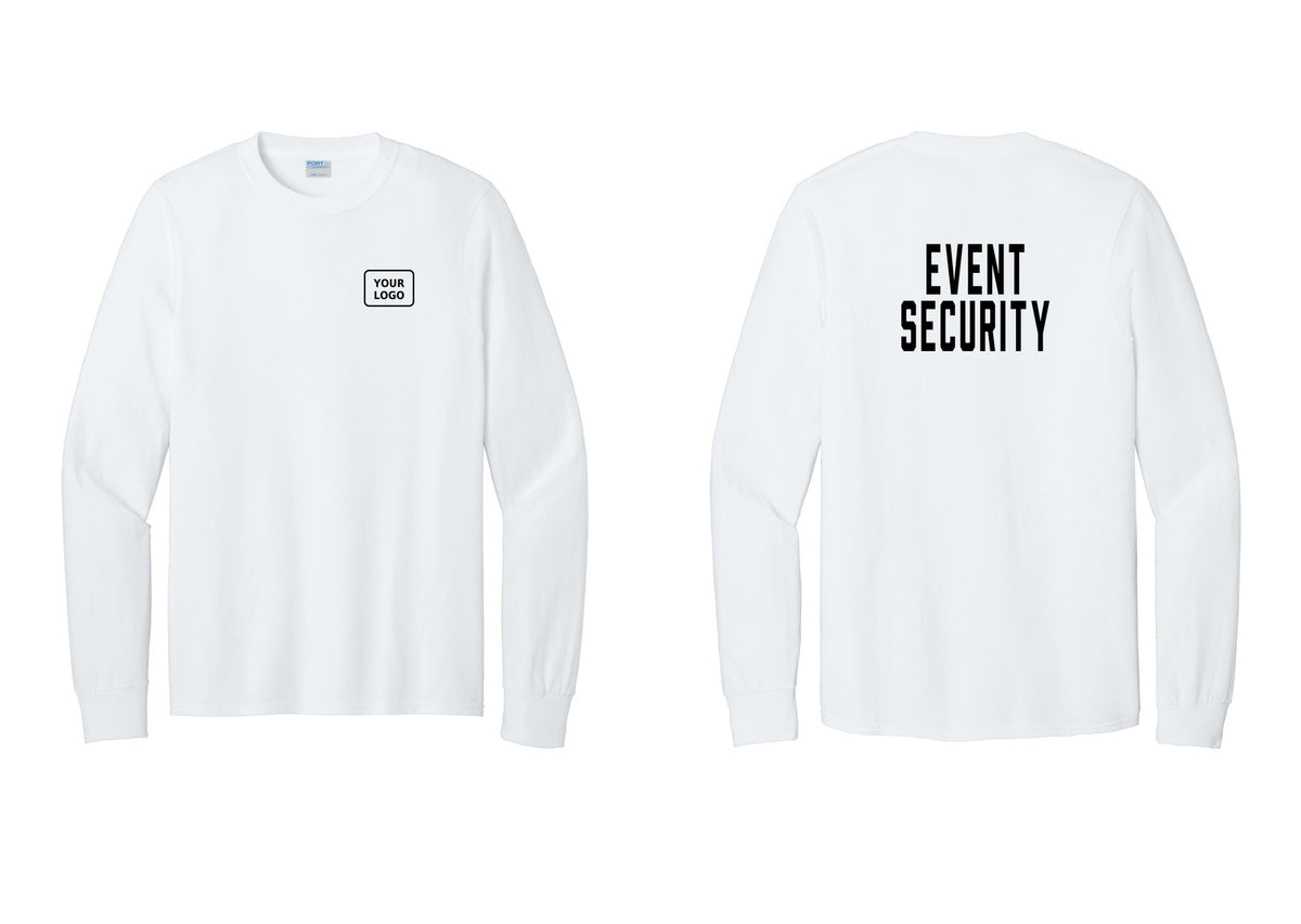 NYC Factory Custom Logo Event Security Cotton Long Sleeve T-Shirt (Classic) - Your Logo + Back - White