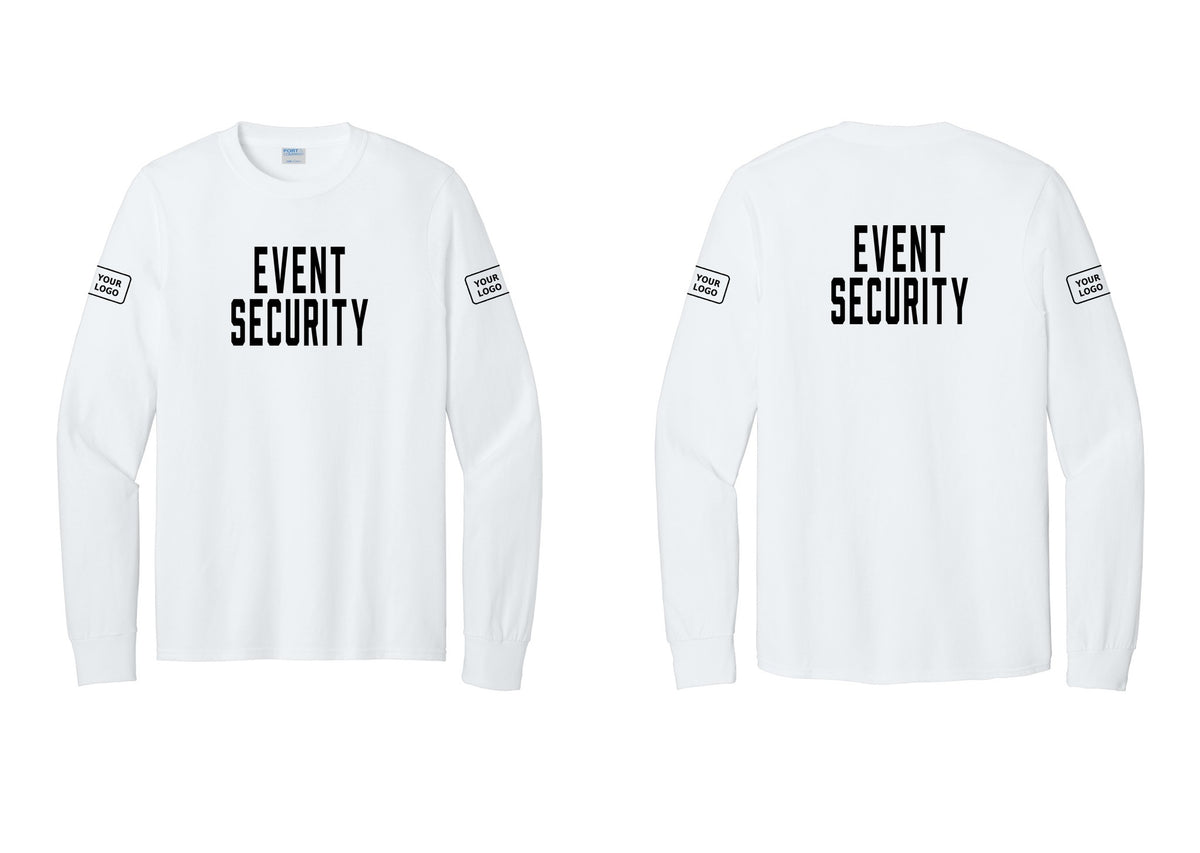 NYC Factory Custom Logo Event Security Cotton Long Sleeve T-Shirt (Classic) - Front + Back + Your Logo Sleeves - White