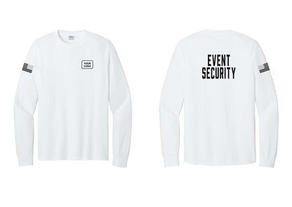 NYC Factory Custom Logo Event Security Cotton Long Sleeve T-Shirt (Classic) - Your Logo + Back + US Flag Sleeve - White