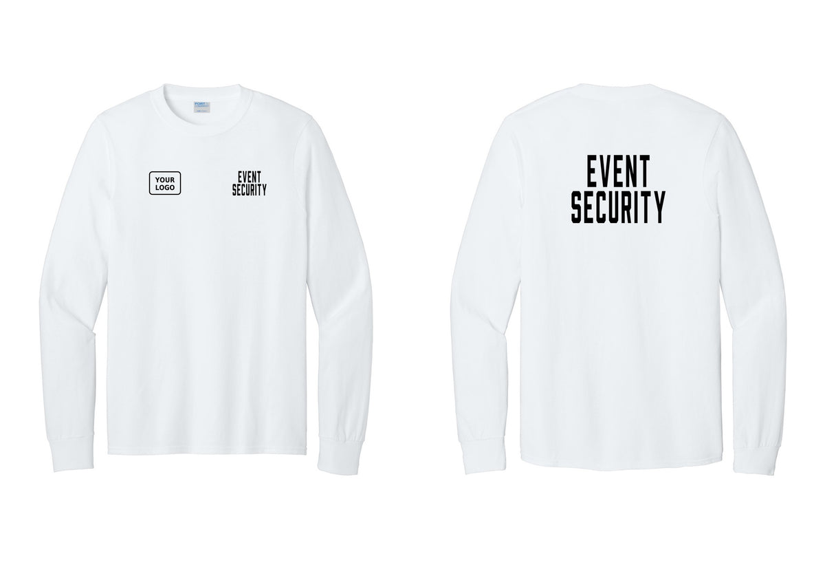 NYC Factory Custom Logo Event Security Cotton Long Sleeve T-Shirt (Classic) - EVENT SECURITY + Your Logo + Back - White