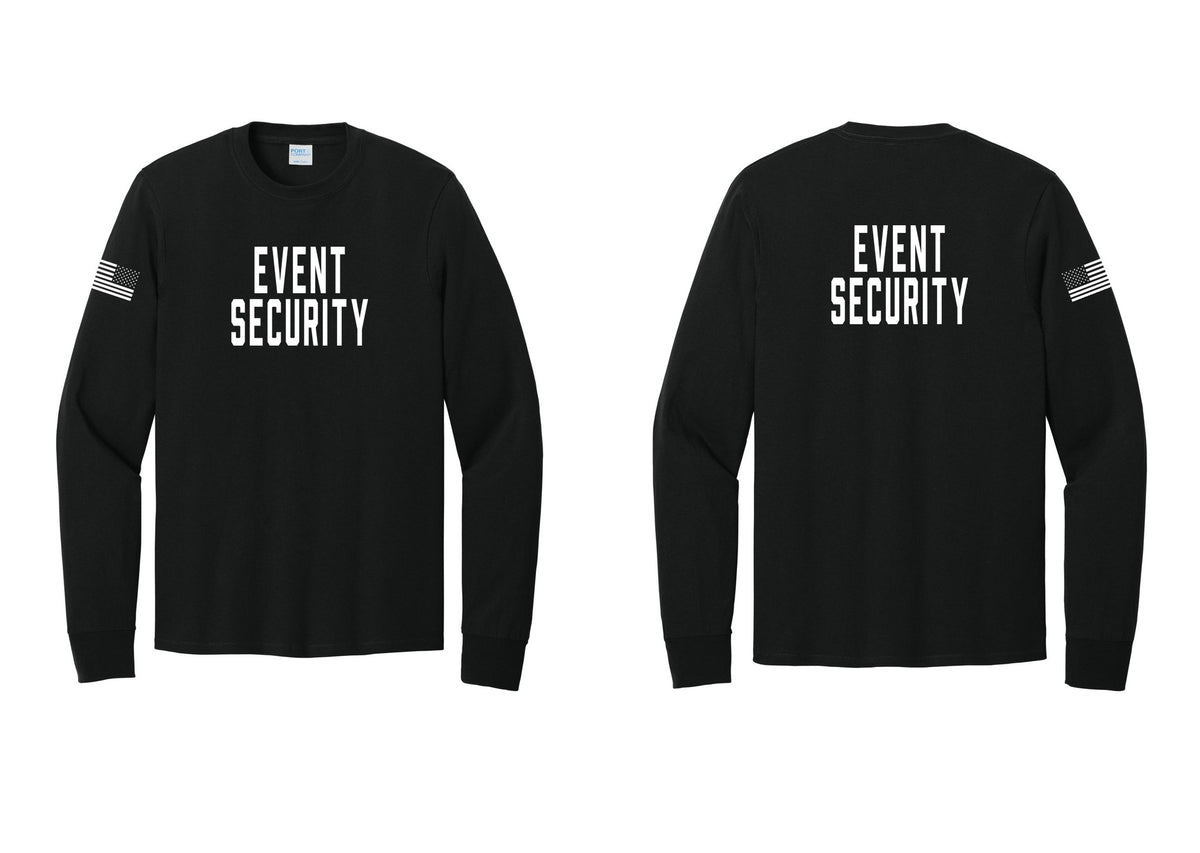 NYC Factory Event Security Cotton Long Sleeve T-Shirt (Classic) - Front + Back + US Flag Sleeve - Black