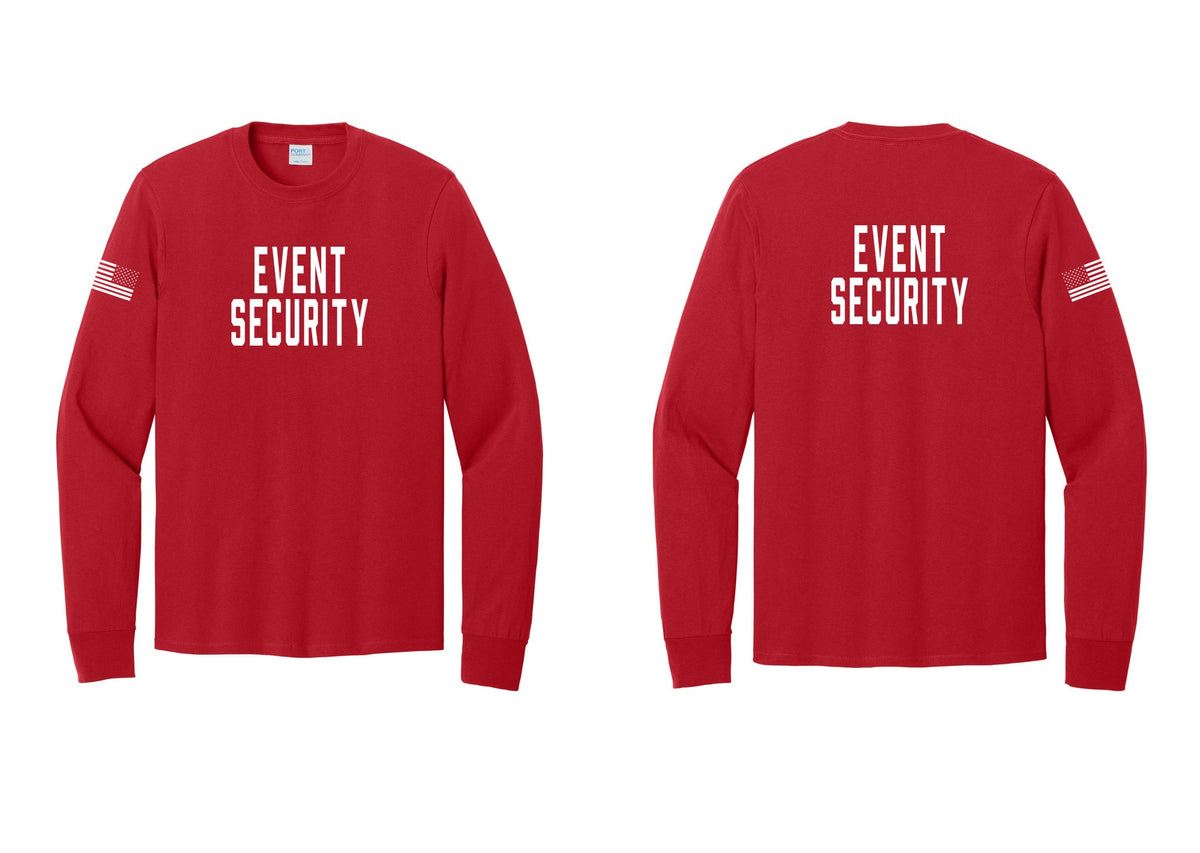 NYC Factory Event Security Cotton Long Sleeve T-Shirt (Classic) - Front + Back + US Flag Sleeve - Red