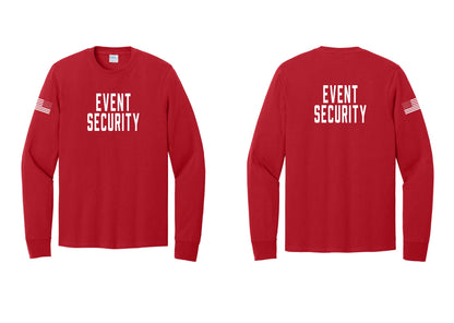NYC Factory Event Security Cotton Long Sleeve T-Shirt (Classic) - Front + Back + US Flag Sleeve - Red