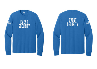 NYC Factory Event Security Cotton Long Sleeve T-Shirt (Classic) - Front + Back + US Flag Sleeve - Royal