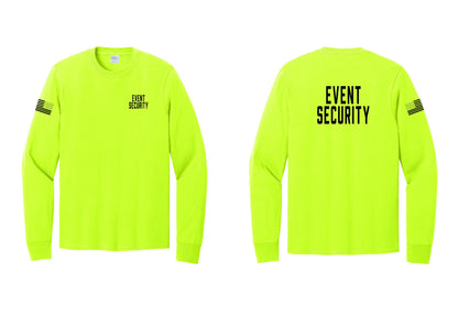 NYC Factory Event Security Cotton Long Sleeve T-Shirt (Classic) - Chest + Back + US Flag Sleeve - Safety Green