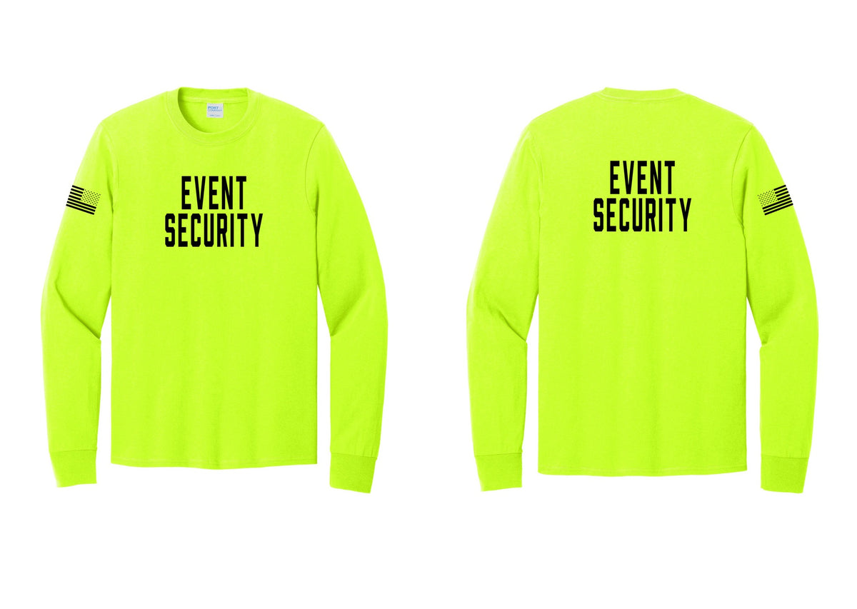 NYC Factory Event Security Cotton Long Sleeve T-Shirt (Classic) - Front + Back + US Flag Sleeve - Safety Green
