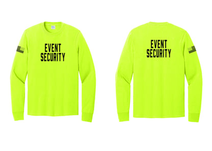 NYC Factory Event Security Cotton Long Sleeve T-Shirt (Classic) - Front + Back + US Flag Sleeve - Safety Green