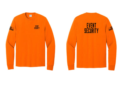 NYC Factory Event Security Cotton Long Sleeve T-Shirt (Classic) - Chest + Back + US Flag Sleeve - Safety Orange