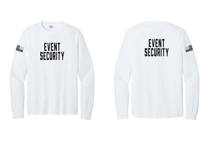 NYC Factory Event Security Cotton Long Sleeve T-Shirt (Classic) - Front + Back + US Flag Sleeve - White