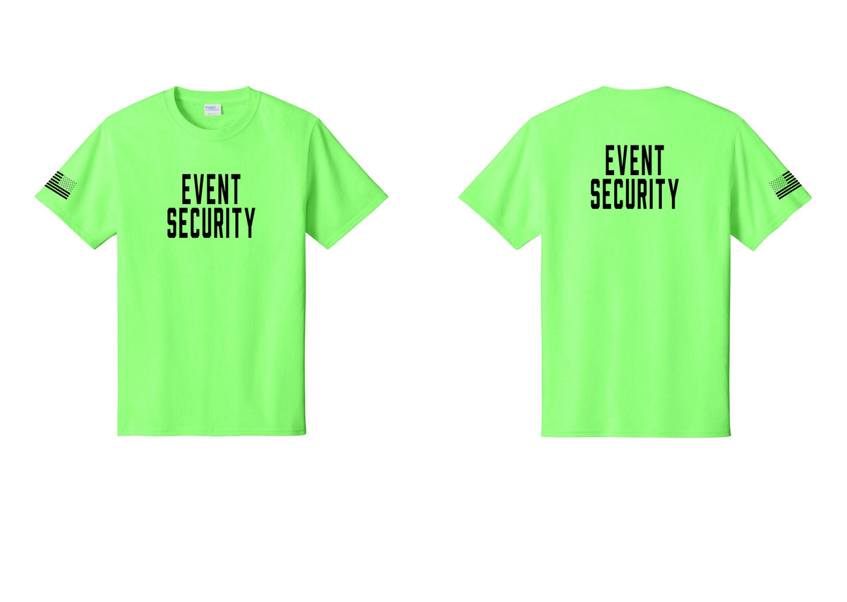 NYC Factory Event Security T-Shirt for Venues & Crowd Management (Classic) - Front + Back + US Flag Sleeve - Neon Green