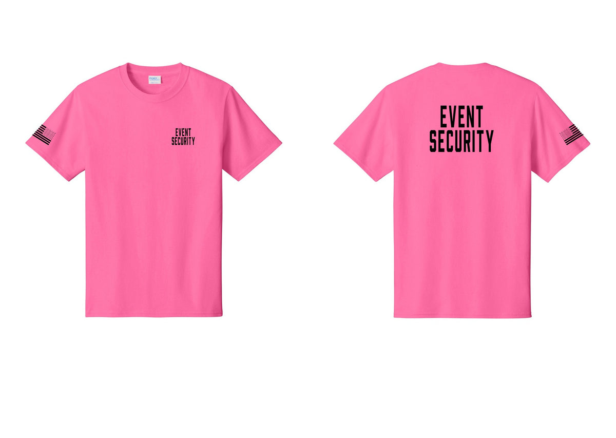 NYC Factory Event Security T-Shirt for Venues & Crowd Management (Classic) - Chest + Back + US Flag Sleeve - Neon Pink