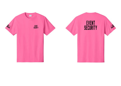 NYC Factory Event Security T-Shirt for Venues & Crowd Management (Classic) - Chest + Back + US Flag Sleeve - Neon Pink