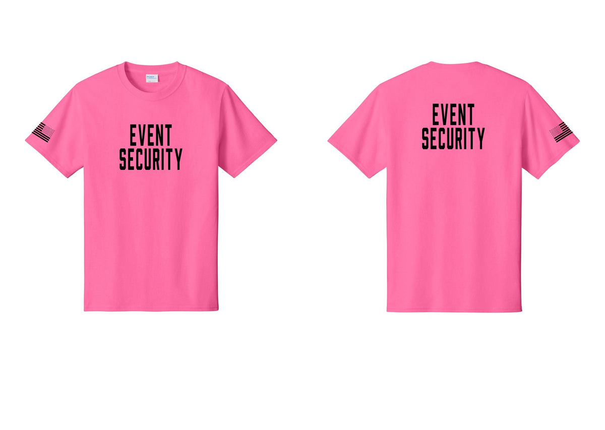 NYC Factory Event Security T-Shirt for Venues & Crowd Management (Classic) - Front + Back + US Flag Sleeve - Neon Pink
