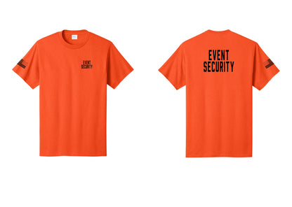 NYC Factory Event Security T-Shirt for Venues & Crowd Management (Classic) - Chest + Back + US Flag Sleeve - Orange