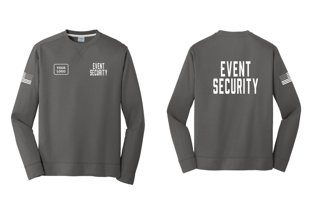 NYC Factory Custom Logo Event Security Performance Fleece Crewneck Sweatshirt (Classic) - EVENT SECURITY + Your Logo + Back + US Flag Sleeve - Charcoal